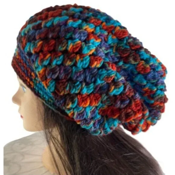 Crochet Slouch Hat Slouchy Beanie Snood Handmade Adult Size Multi Color Acrylic - Picture 3 of 6